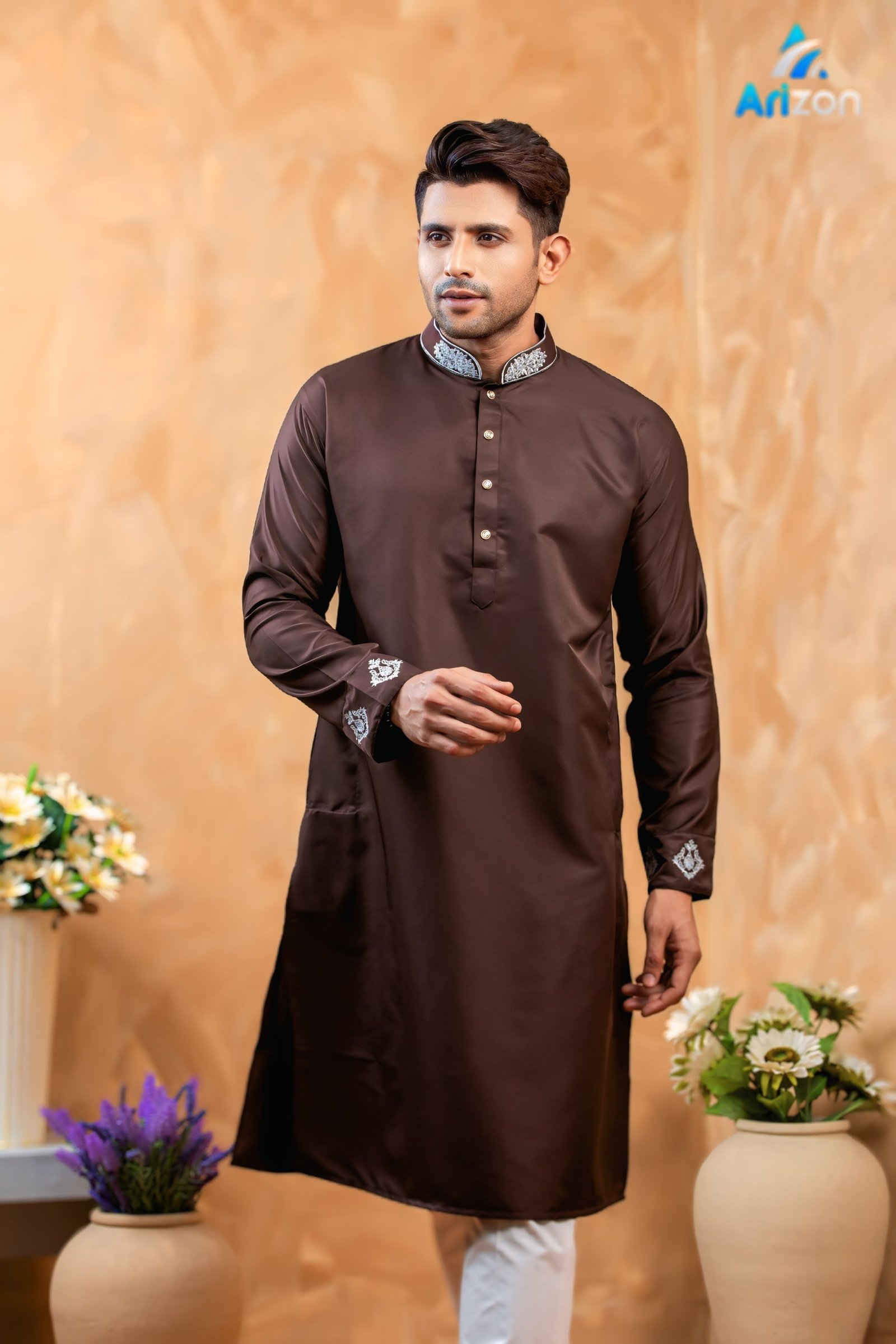 coffee Embroidery Panjabi/ Cod  303
