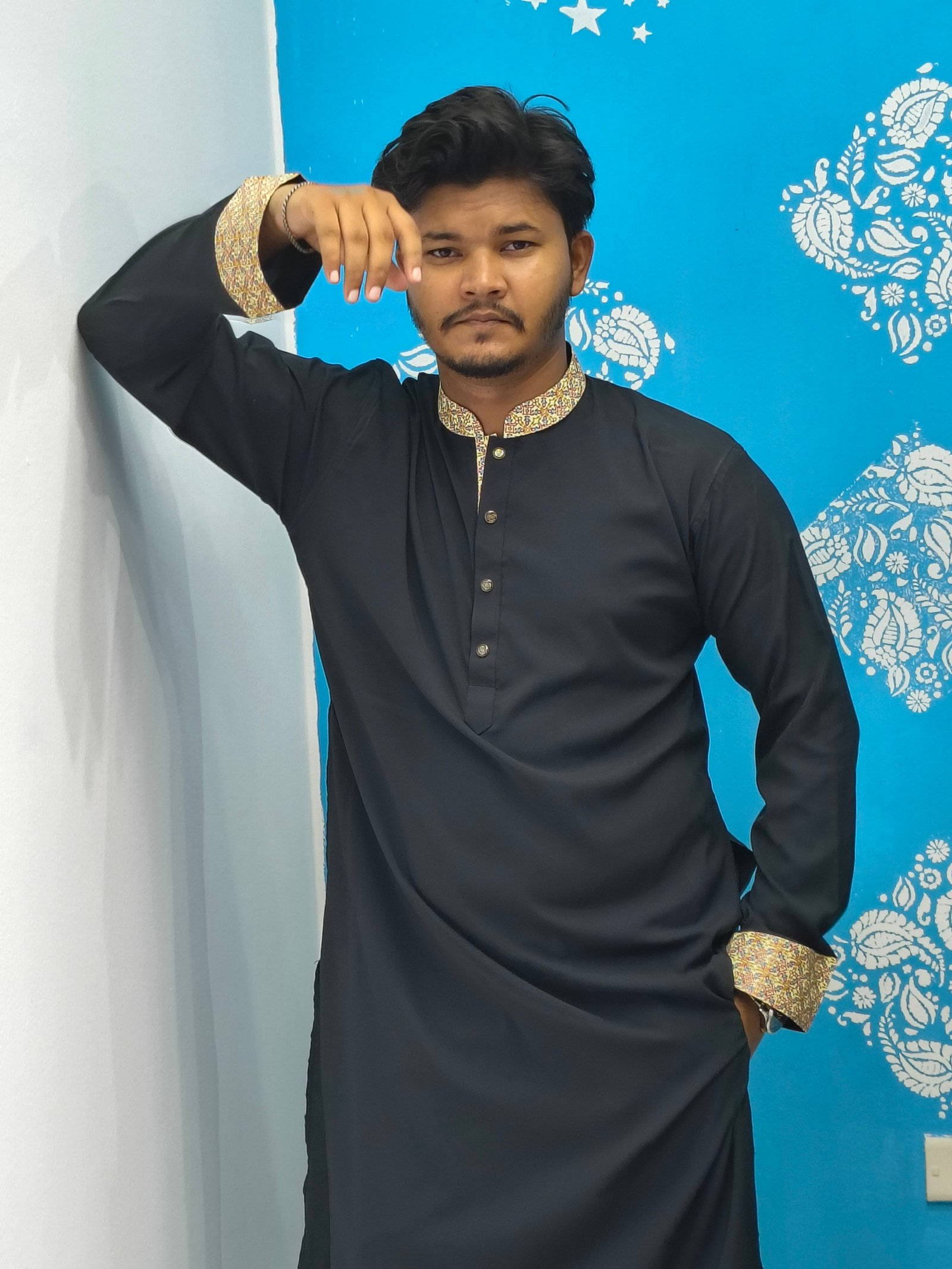 blue Embroidery Panjabi/ Code 408